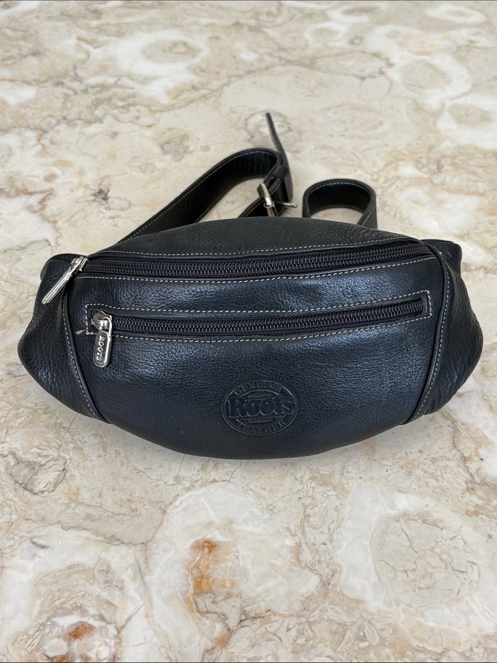 Roots Canada Black Leather Trinity Unisex Belt Bag - As New Condition